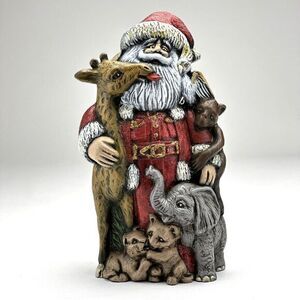 Christmas Santa Claus With‎ Noah Arc Animals Ceramic Signed